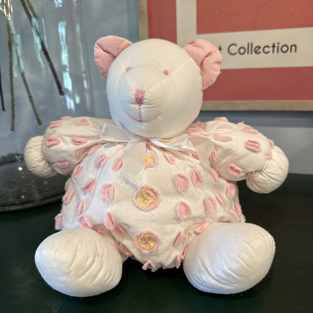 Vintage Stephan 100% Cotton Plush Bear White w/ Pink Polka Dots 9" Tall 12"wide